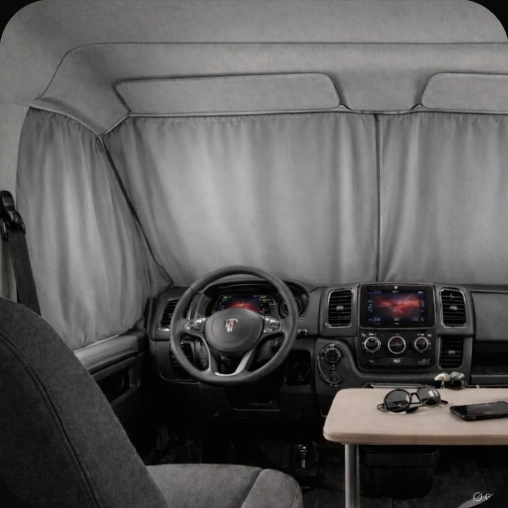 Gensu Trade GmbH gri ön cam perdesi, VW T5 T6 karavanlar için güneşlik ve gizlilik sağlayan 90 denye kumaş.